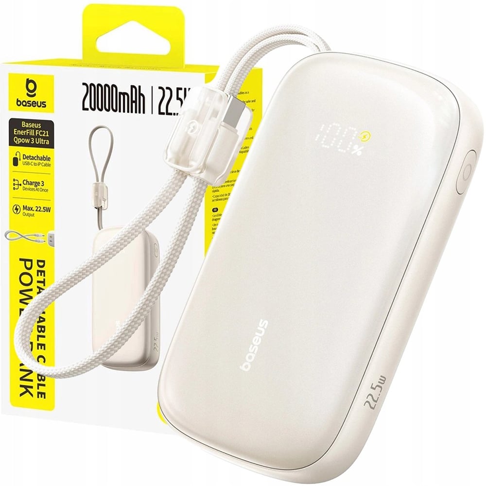 Power Bank EnerFill FC21 Qpow 3 Ultra Baseus - levehető kábellel, 20000mAh, 45W, digitális kijelző - Natúr Titán-5