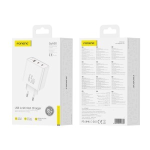 FONENG falitöltő Gan50-EU GaN PD 65W 2xUSB-C + 1xUSB QC3.0 Fehér
