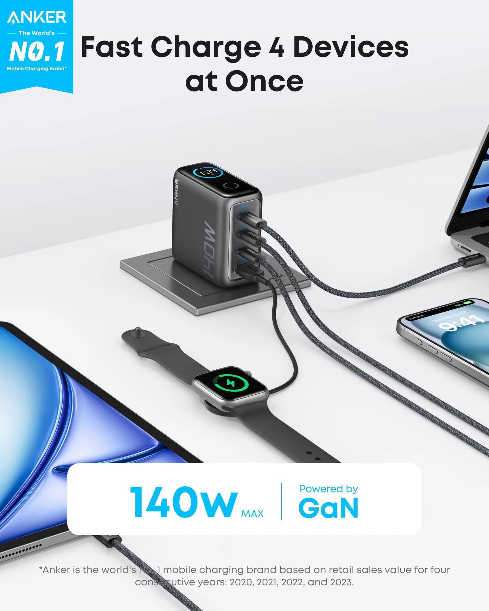 Hálózati Töltő Anker Zolo, 140W, 5A, 1 x USB-A - 3 x USB-C, USB-C Kábel, Fekete (B2697GZ1)-4