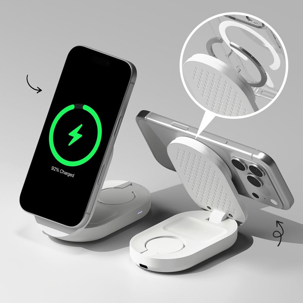 Ringke Qi2.2 25w 3 az 1-ben mágneses Magsafe vezeték nélküli összecsukható töltő Fehér-3