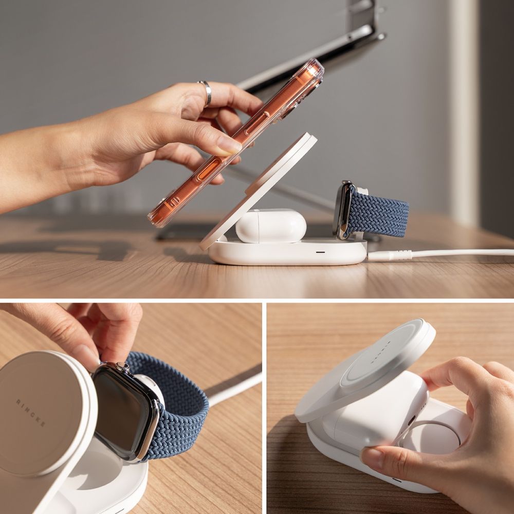Ringke Qi2.2 25w 3 az 1-ben mágneses Magsafe vezeték nélküli összecsukható töltő Fehér-4