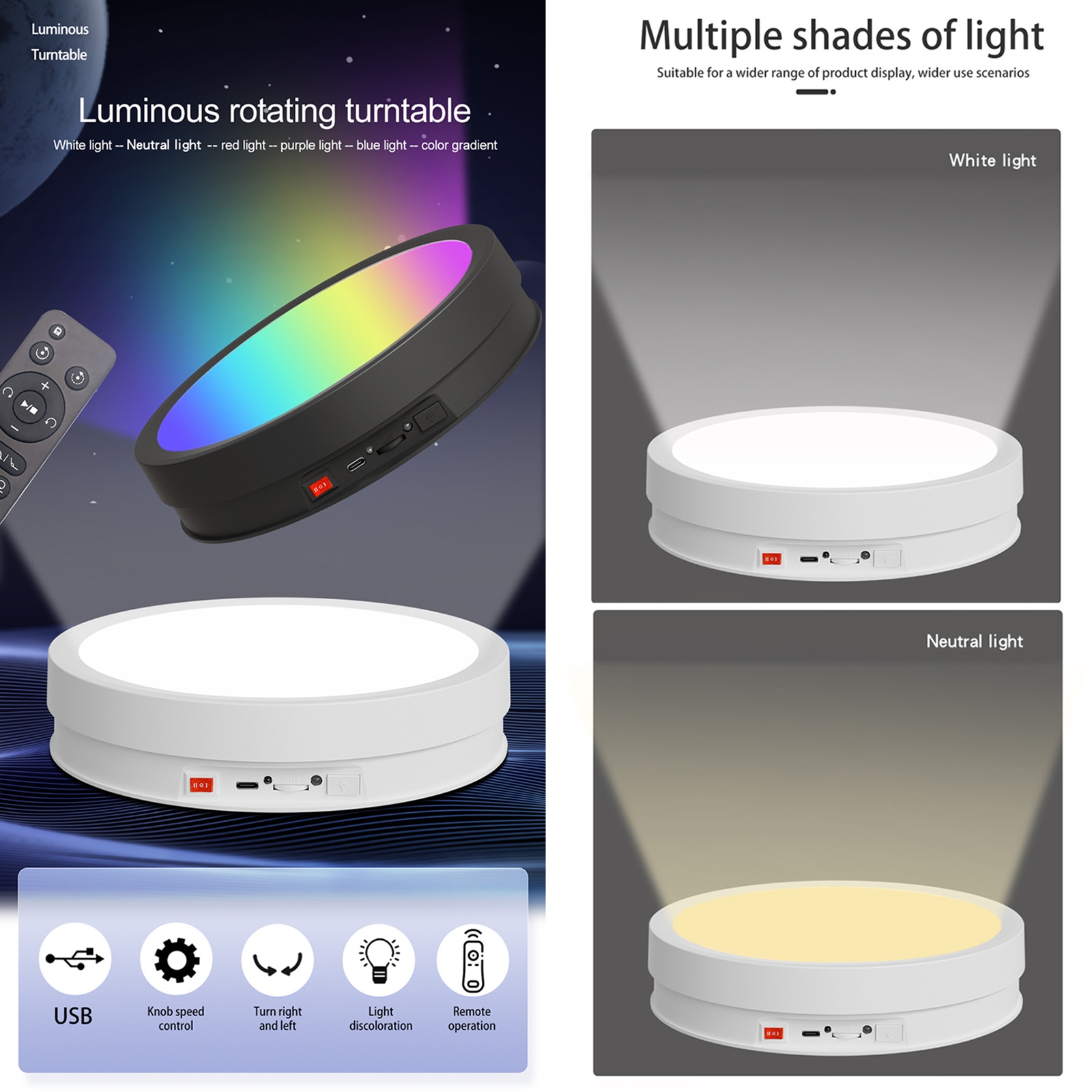 22 cm színes LED világítású, termék forgató állvány távirányítóval (fehér)-4