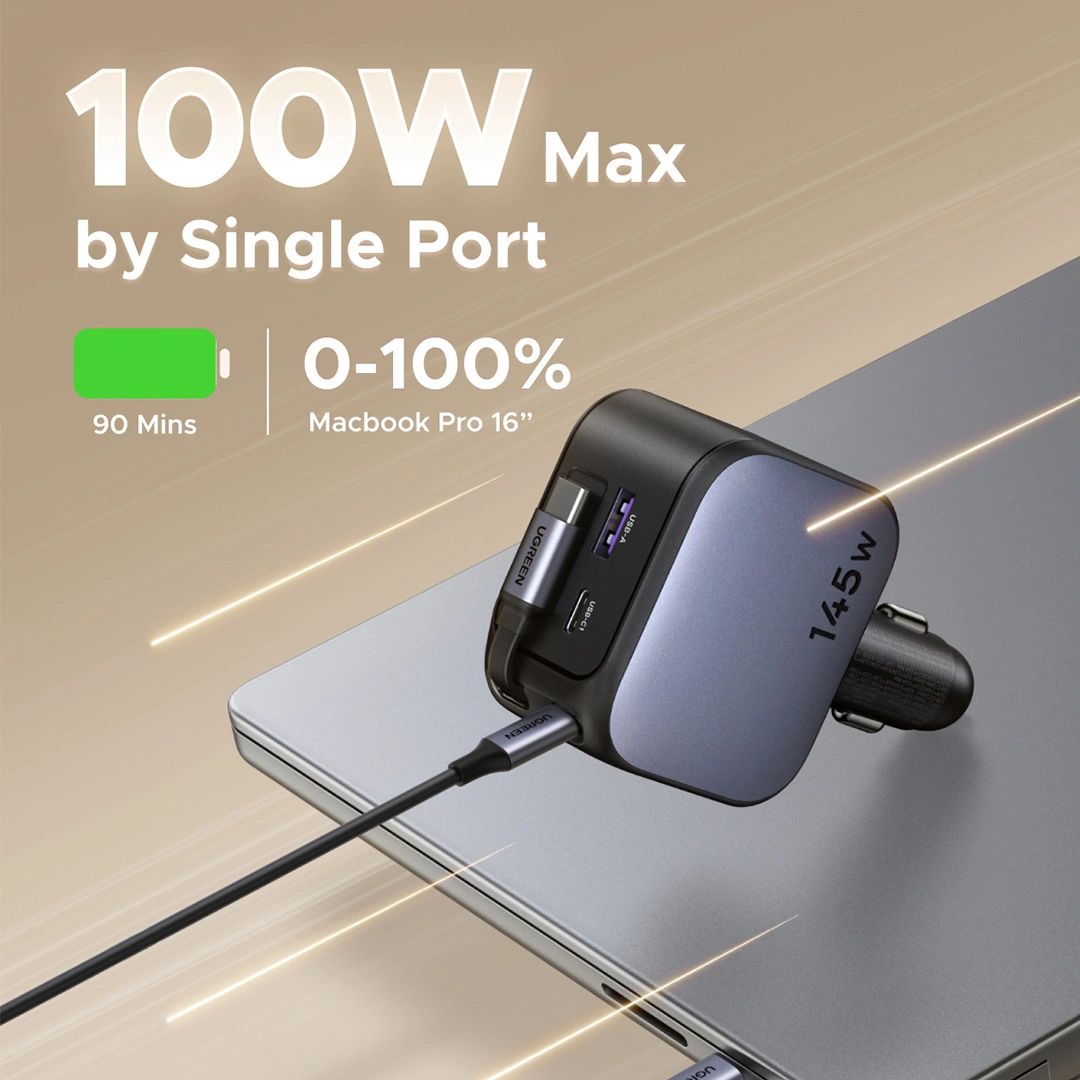 UGREEN EC604 (55910B) Nexode autós töltő, 145W, 3A, 1 x USB-A - 2 x USB-C, USB-C kábellel, fekete-7