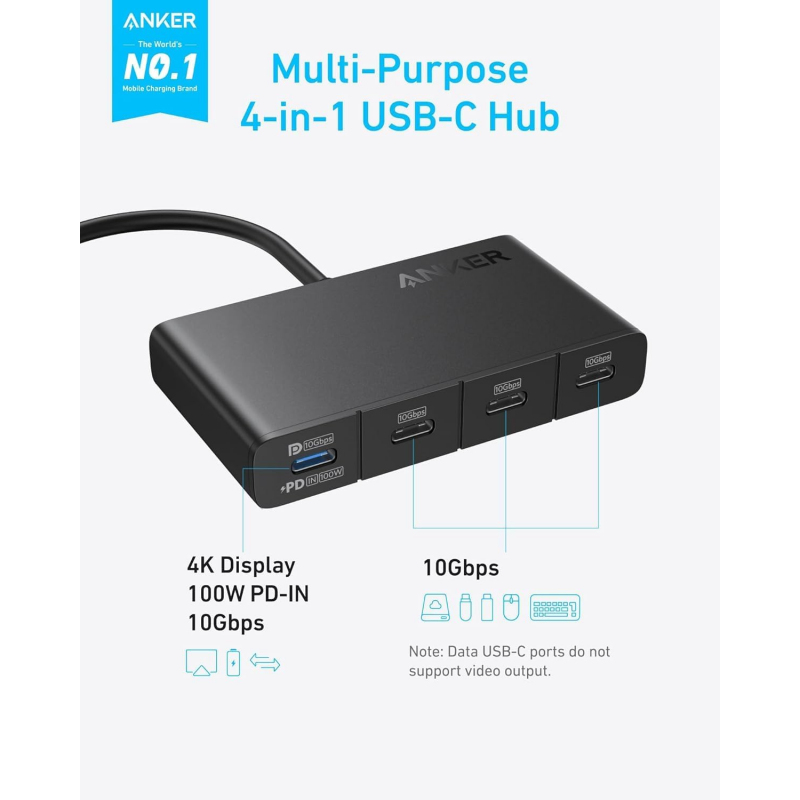 Anker USB-C Hub, 4 x USB-C, Fekete A8340GA1-1