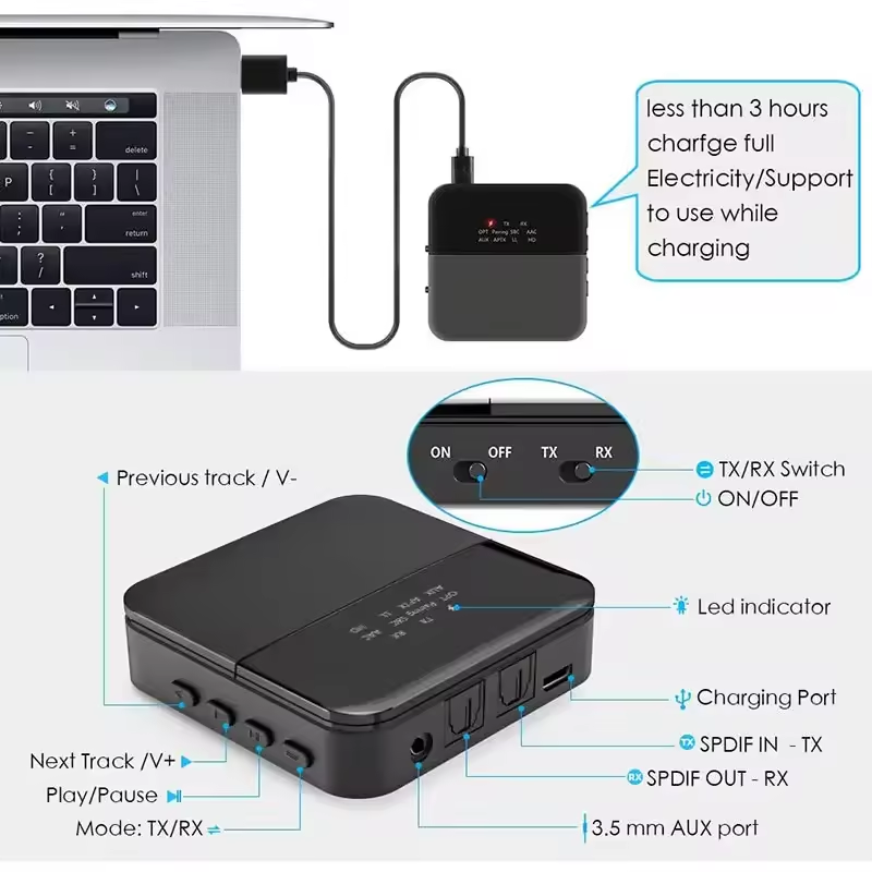 B20 Bluetooth 5.0 vezeték nélküli audió adapter CSR8675 chippel, alacsony késleltetéssel, TV, PC és hifi rendszerekhez-2