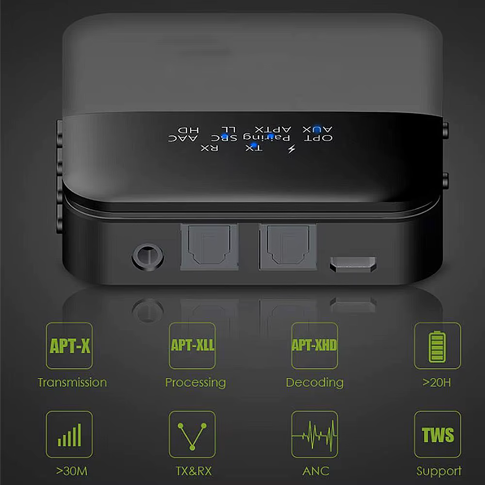 B20 Bluetooth 5.0 vezeték nélküli audió adapter CSR8675 chippel, alacsony késleltetéssel, TV, PC és hifi rendszerekhez-6