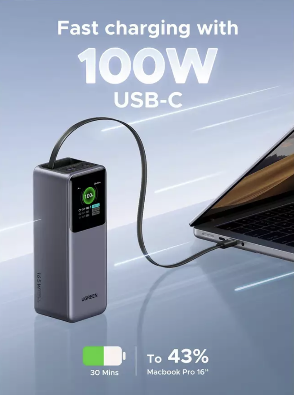 Powerbank UGREEN PB726 (55987B), 20000mAh, 165W, QC + PD, Szürke-1