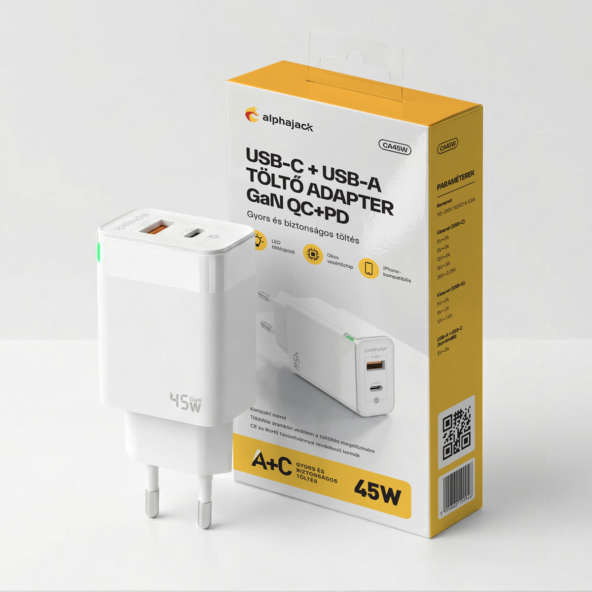 Alphajack GaN CA 45W USB-C, USB-A hálózati töltőadapter-0