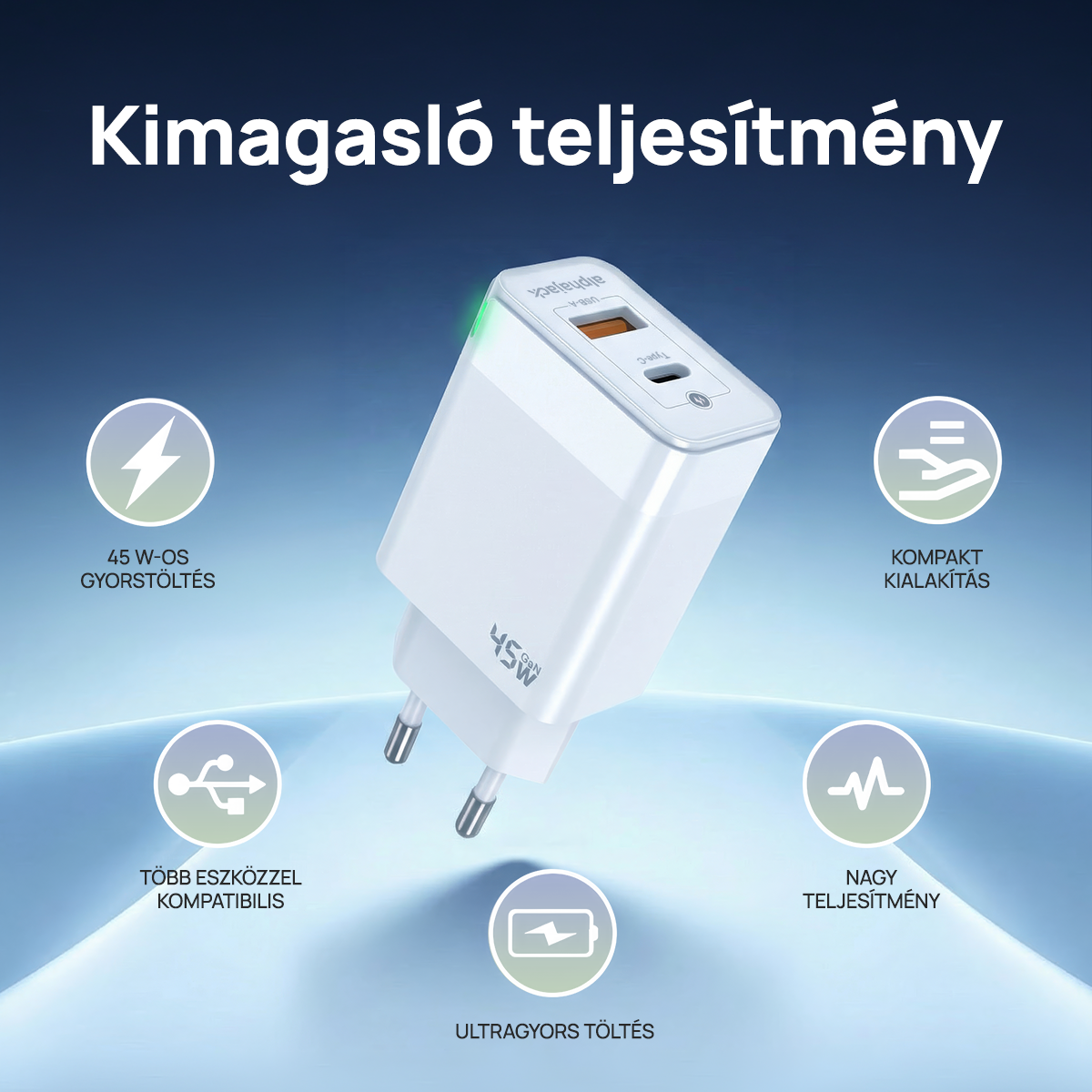 Alphajack GaN CA 45W USB-C, USB-A hálózati töltőadapter-2
