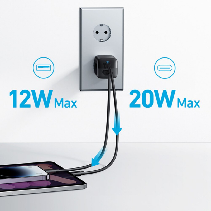Fali Töltő Anker 323, 33W, 3A, 1 x USB-A - 1 x USB-C, Fekete A2331G11-3