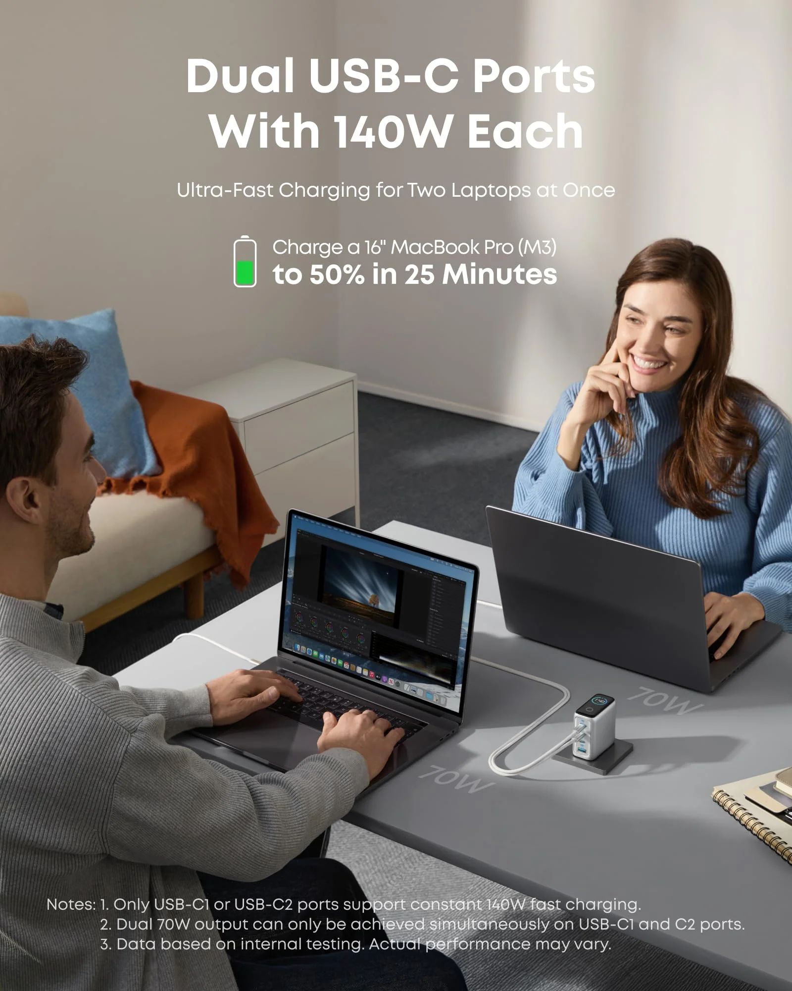 Fali töltő Anker Zolo, 140W, 5A, 1 x USB-A - 3 x USB-C, USB-C kábellel, Ezüst B2697G41-4