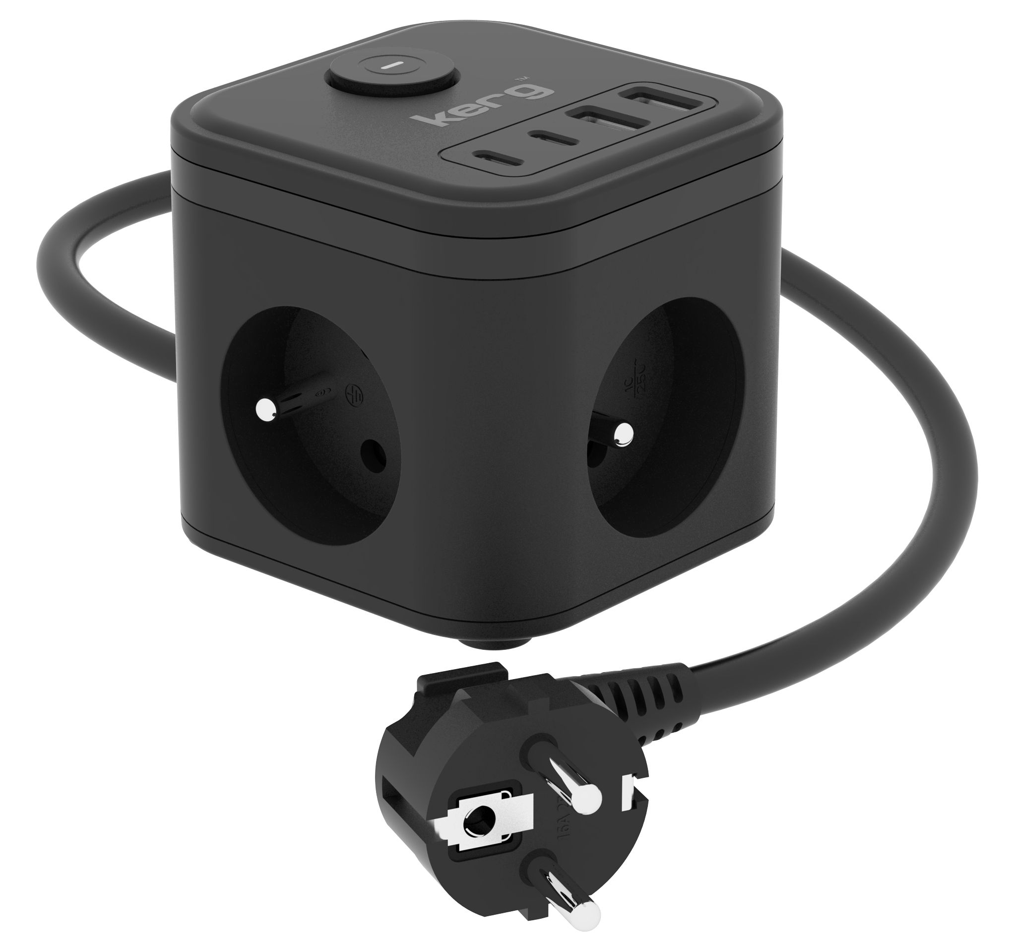 KERG Smart 2-aljzatú elosztó USB-A + USB-C töltővel és LED fénnyel fekete-0