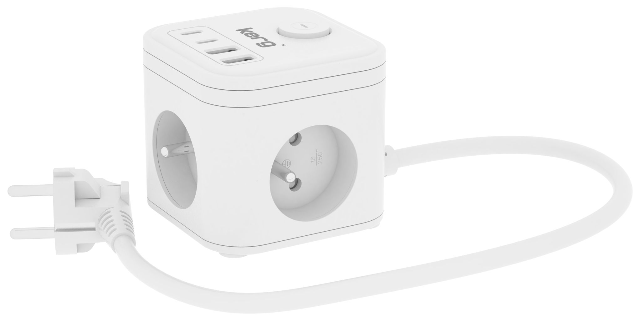 KERG 3-aljzatú elektromos kocka + USB-A+USB-C töltő 1,5m 3×1.5mm2 H05VV-F 16A/250V~ Okos fehér-1