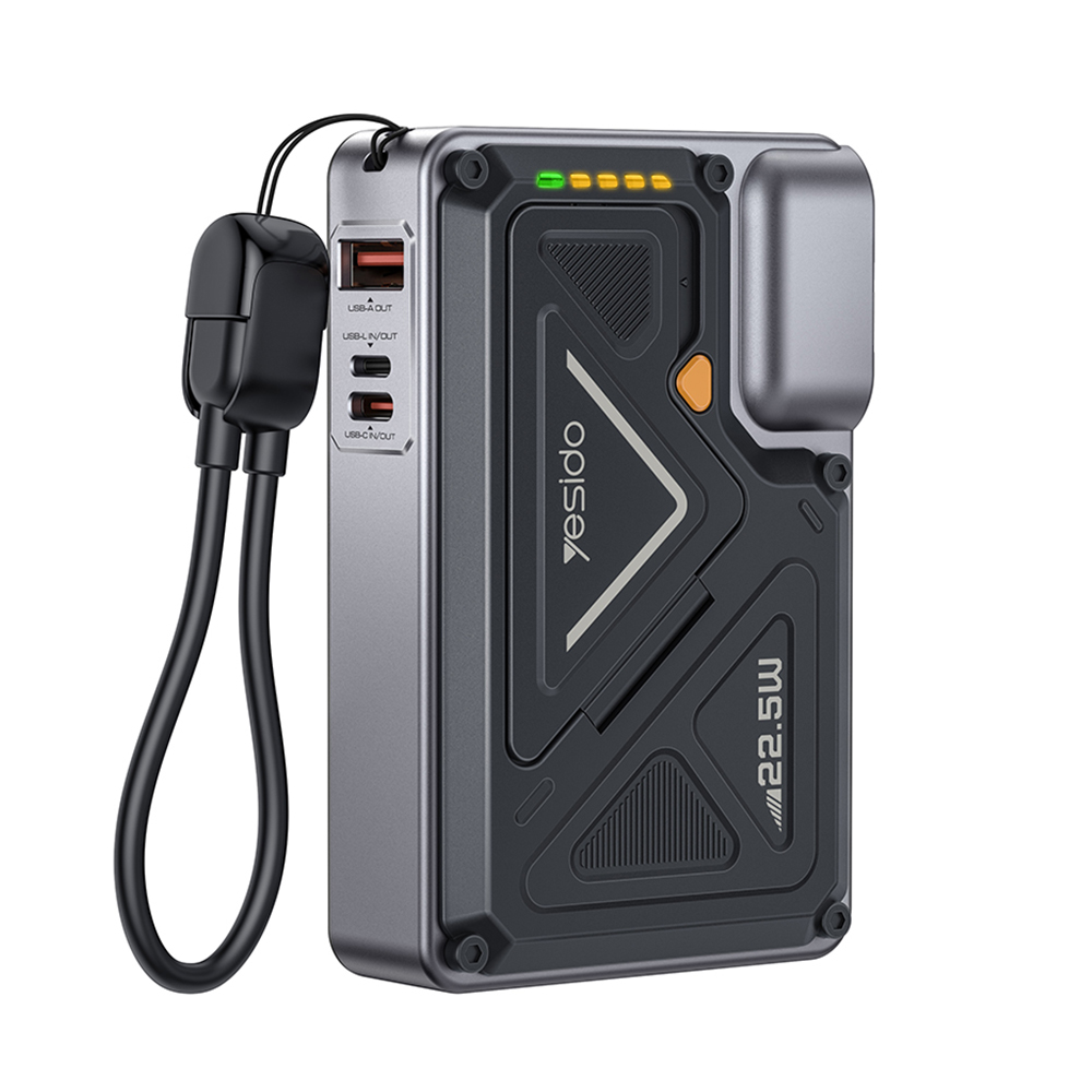 Yesido - Powerbank (YP89) - Mágneses, Gyors töltés, USB, Lightning, Type-C, Beépített állvány, LED fények, 10000mAh, 22.5W- Szürke-0