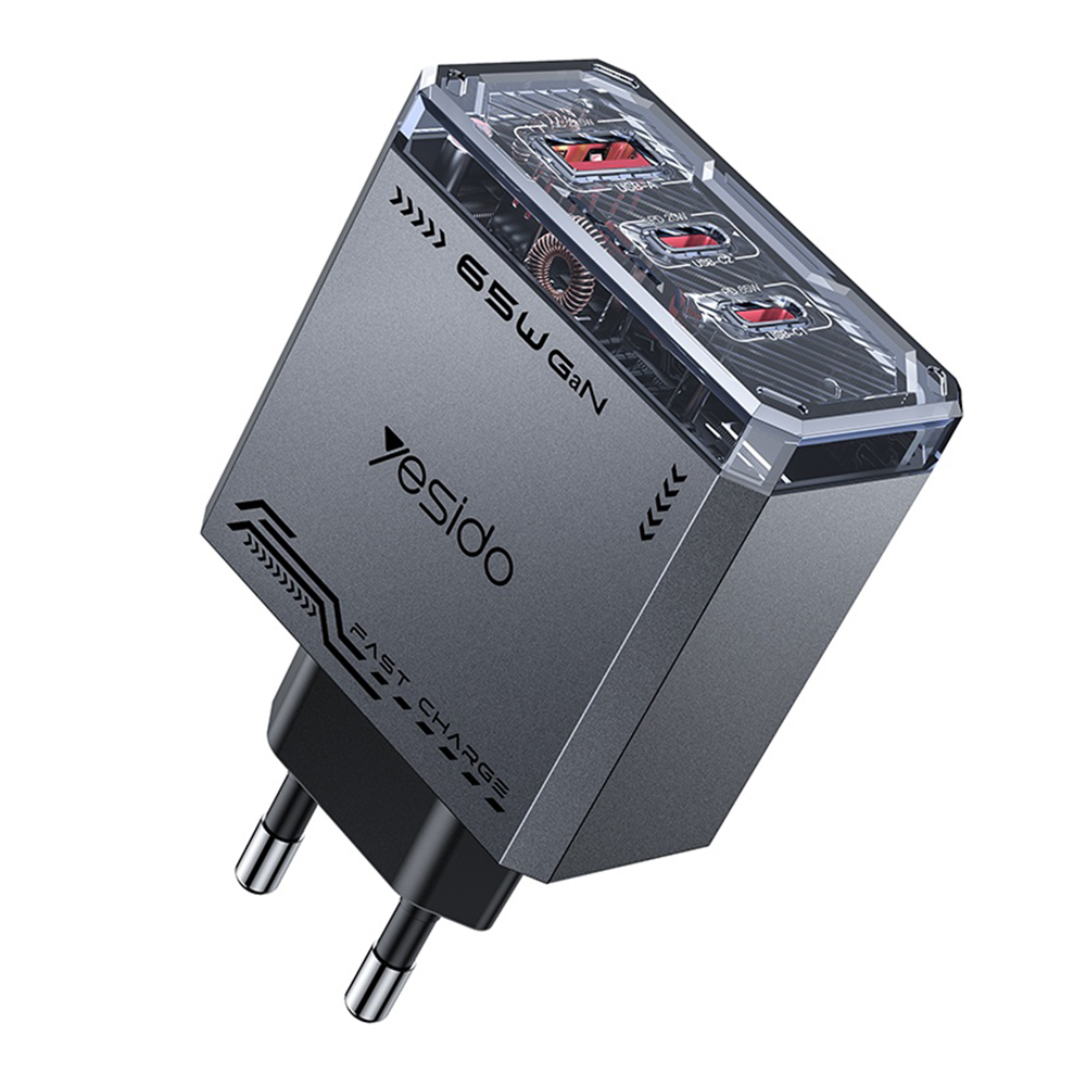 Yesido - Fali töltő (YC101) - USB, 2x Type-C, GaN, Gyors töltés, 65W, 5V/3A, CE, FCC, ROHS, VO - Fekete-0