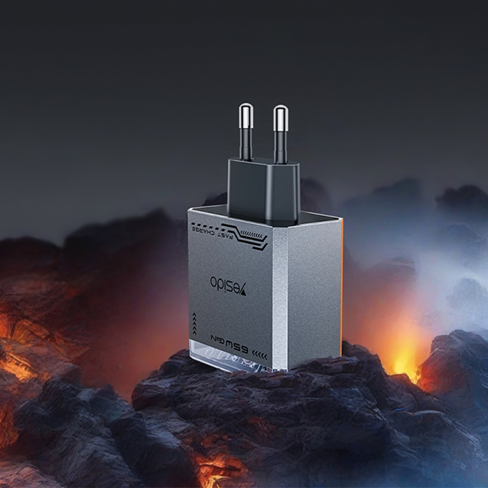 Yesido - Fali töltő (YC101) - USB, 2x Type-C, GaN, Gyors töltés, 65W, 5V/3A, CE, FCC, ROHS, VO - Fekete-3