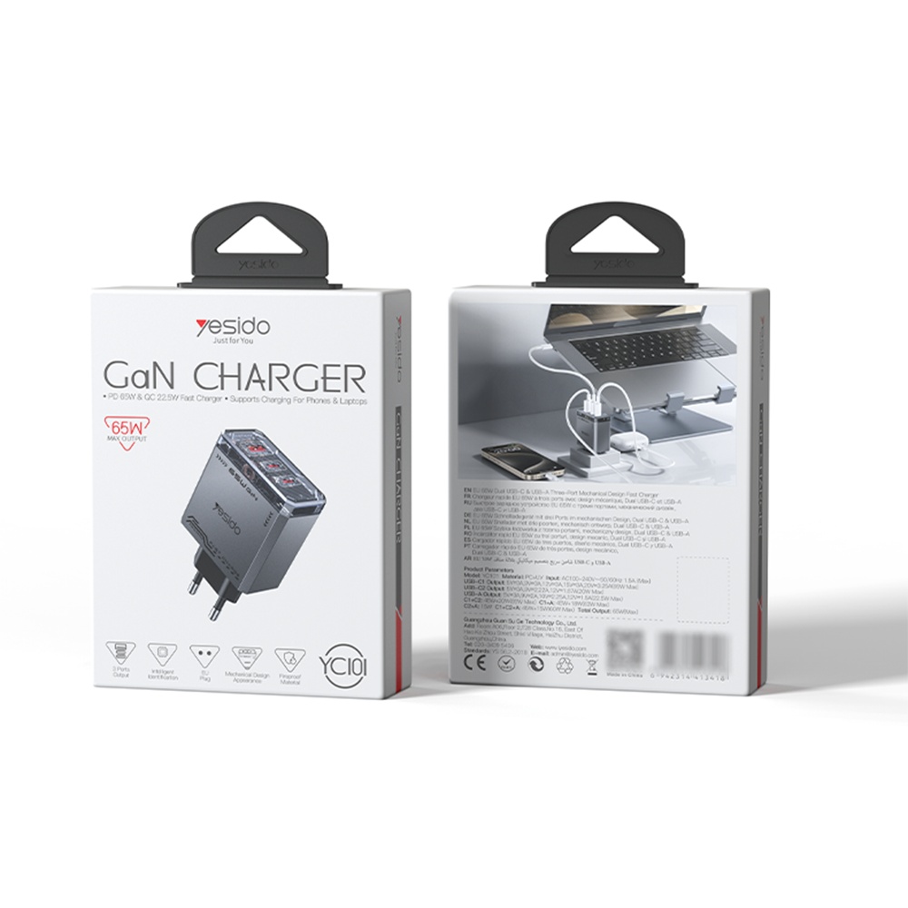 Yesido - Fali töltő (YC101) - USB, 2x Type-C, GaN, Gyors töltés, 65W, 5V/3A, CE, FCC, ROHS, VO - Fekete-6