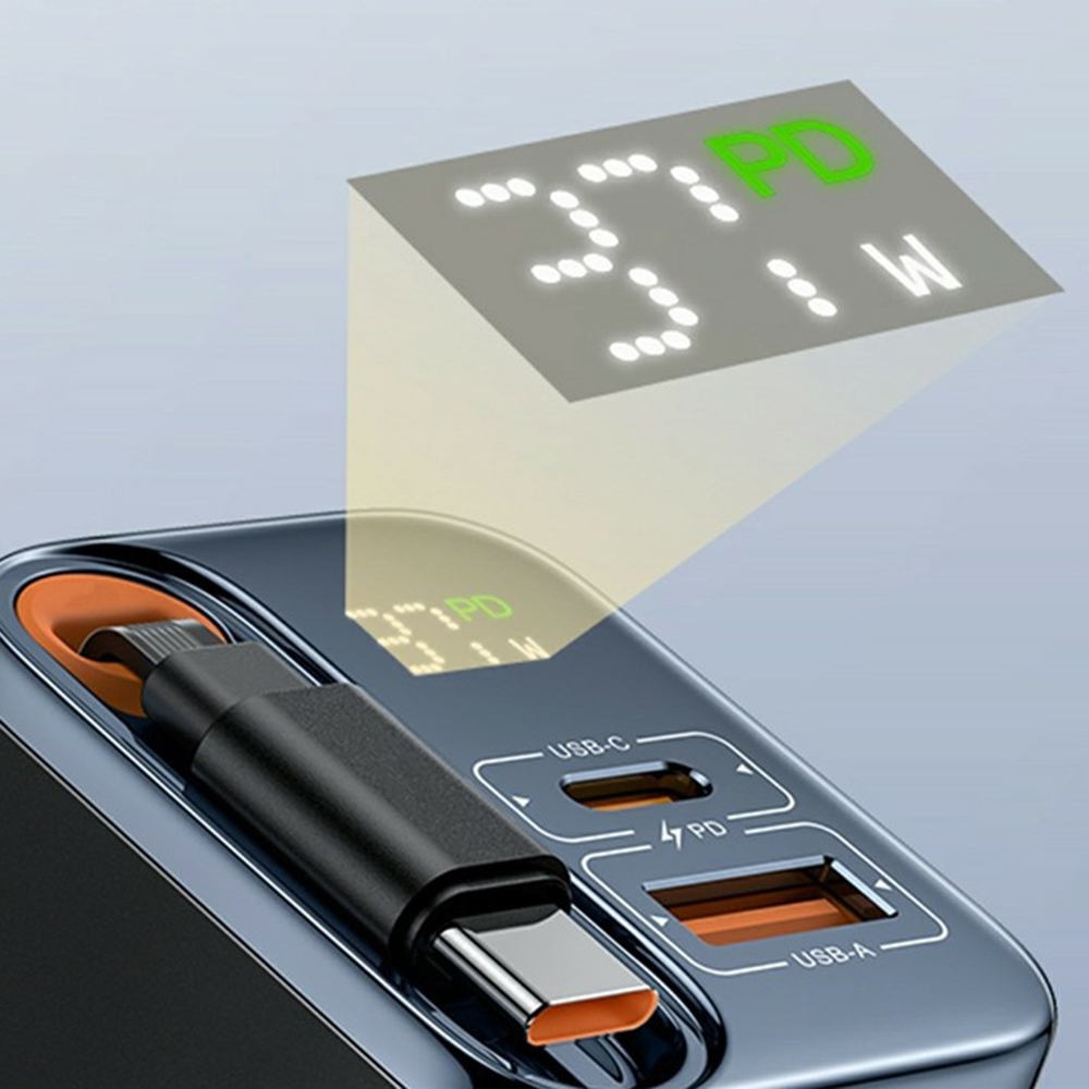Yesido - Fali töltő (YC100) - USB, Type-C, GaN, Gyors töltés, Digitális kijelző, 67W, Visszahúzható Type-C kábel, 65cm - Fekete-3