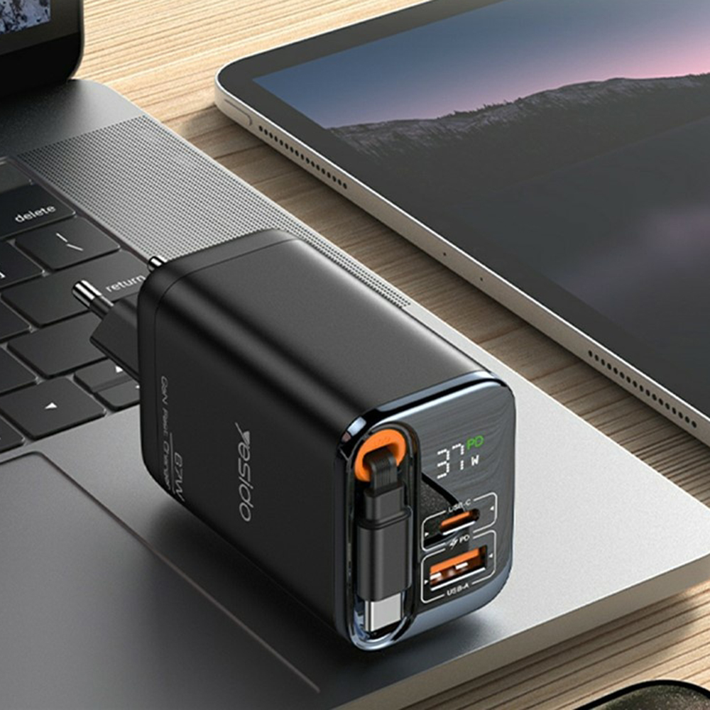 Yesido - Fali töltő (YC100) - USB, Type-C, GaN, Gyors töltés, Digitális kijelző, 67W, Visszahúzható Type-C kábel, 65cm - Fekete-4