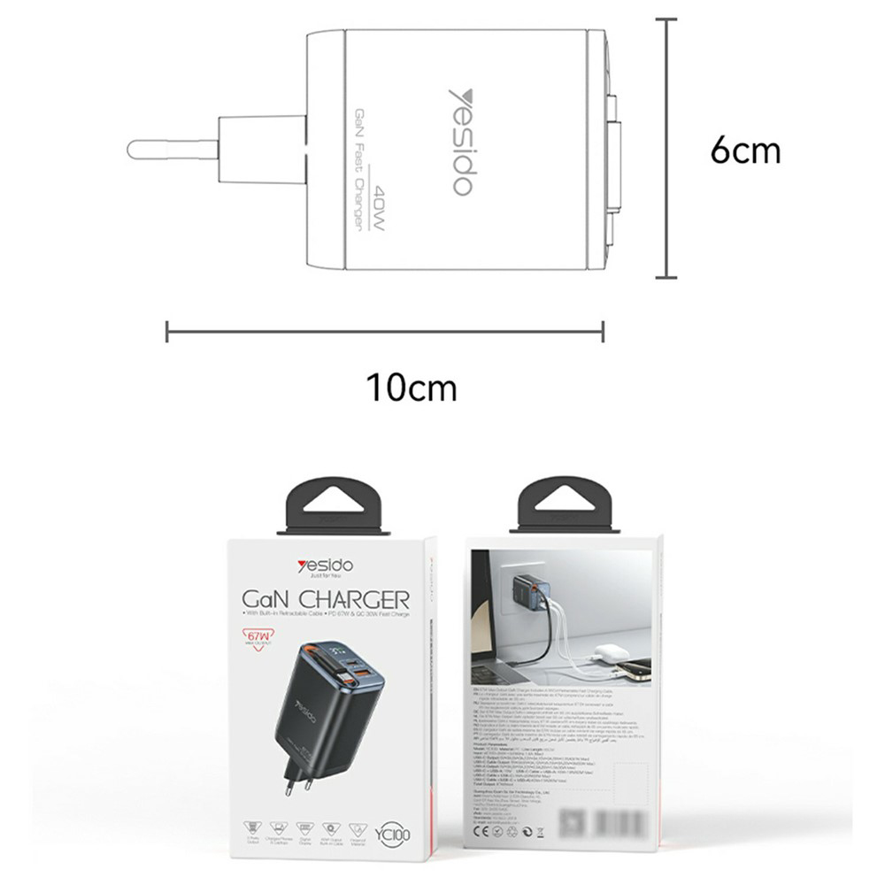 Yesido - Fali töltő (YC100) - USB, Type-C, GaN, Gyors töltés, Digitális kijelző, 67W, Visszahúzható Type-C kábel, 65cm - Fekete-6