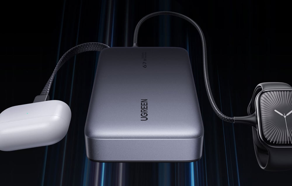 Ugreen PB550 Powerbank 20000mAh USB + USB-C, 67W, beépített kábel (szürke)-5