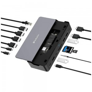 Verbatim 15 az 1-ben USB-C dokkolóállomás adapter - 2x HDMI, 1x RJ45, 3x USB-A, 3x USB-C, 1x SD, 1x microSD, 1x Audio, 1x DisplayPort, 1x SSD szürke 32173