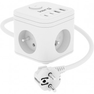 KERG 3-aljzatú elektromos kocka + USB-A+USB-C töltő 1,5m 3×1.5mm2 H05VV-F 16A/250V~ Okos fehér