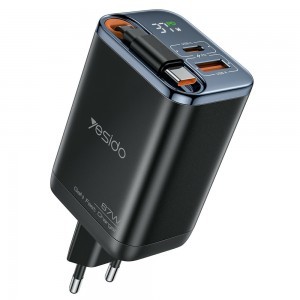 Yesido - Fali töltő (YC100) - USB, Type-C, GaN, Gyors töltés, Digitális kijelző, 67W, Visszahúzható Type-C kábel, 65cm - Fekete