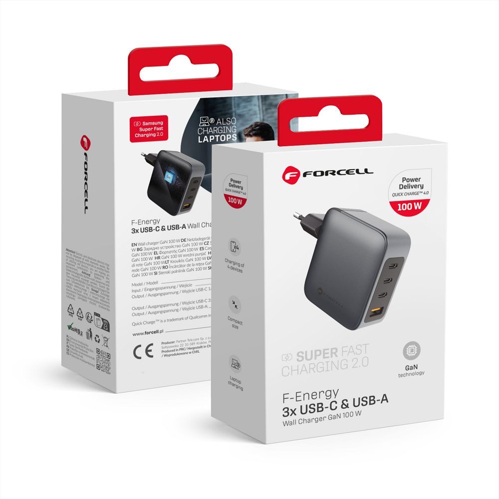 FORCELL F-ENERGY GaN VT-46 utazó töltő 3 x USB-C + USB A PD QC4.0 5A 100W szürke-0