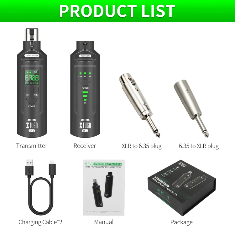 Vezeték nélküli XLR Adó + Vevő UHF  - mikrofonhoz / gitárhoz fekete (XTUGA SF-1 )-8