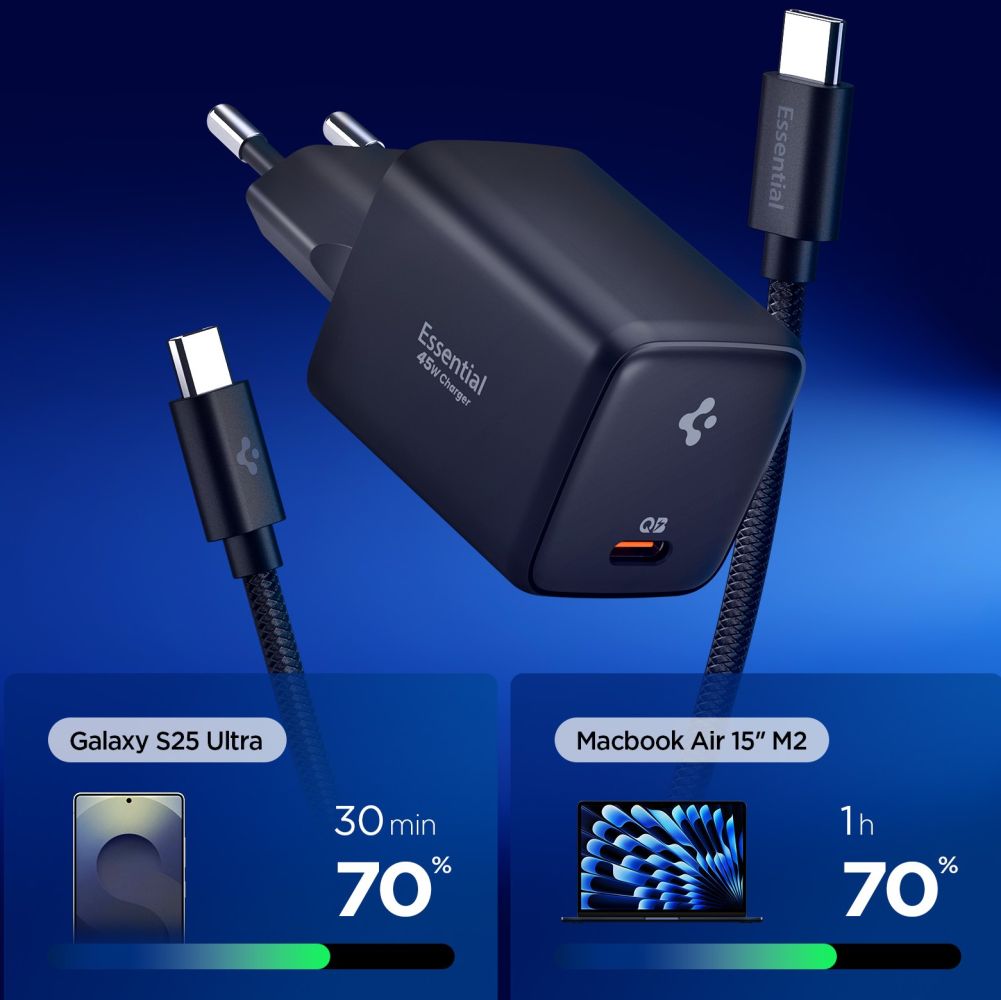 Spigen EE451EU Essential 1-portos hálózati töltő 45W + USB-C kábel fekete-1
