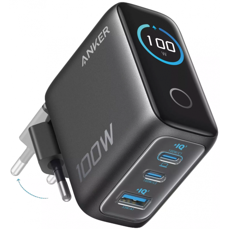 Anker Smart Display fali töltő, 100W, 5A, 1 x USB-A - 2 x USB-C, USB-C kábellel, Szürke B121BGZ1-0