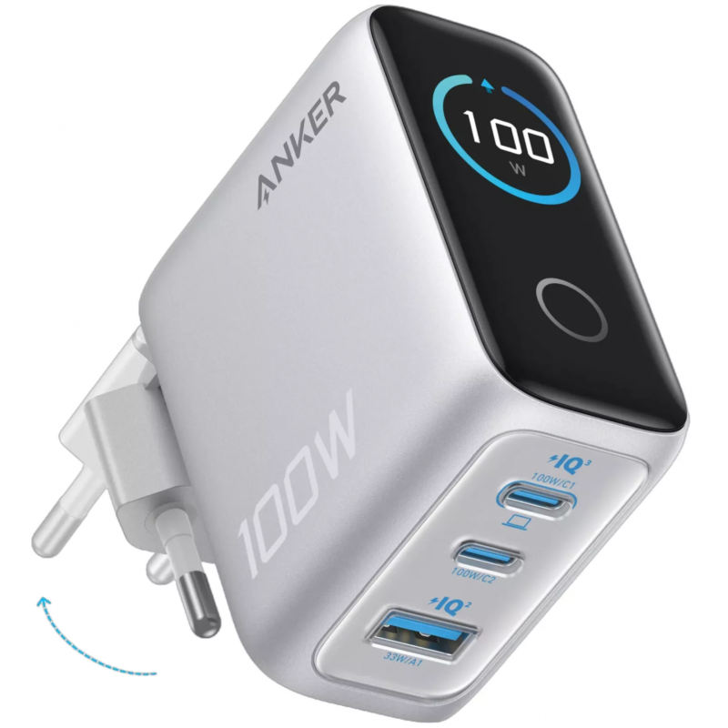 Anker Smart Display Hálózati töltő, 100W, 5A, 1 x USB-A - 2 x USB-C, USB-C kábellel, Ezüst B121BG41-0