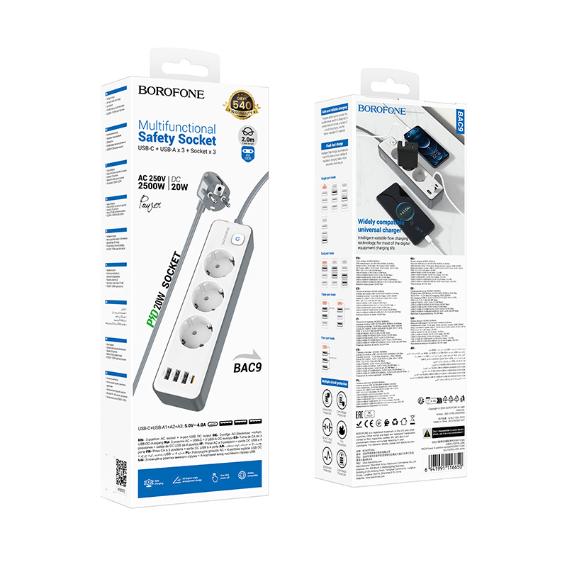 Borofone hálózati elosztó BAC9 - 3 aljzat 240V + 3xUSB + Type C - PD 20W 2 méter fekete-8