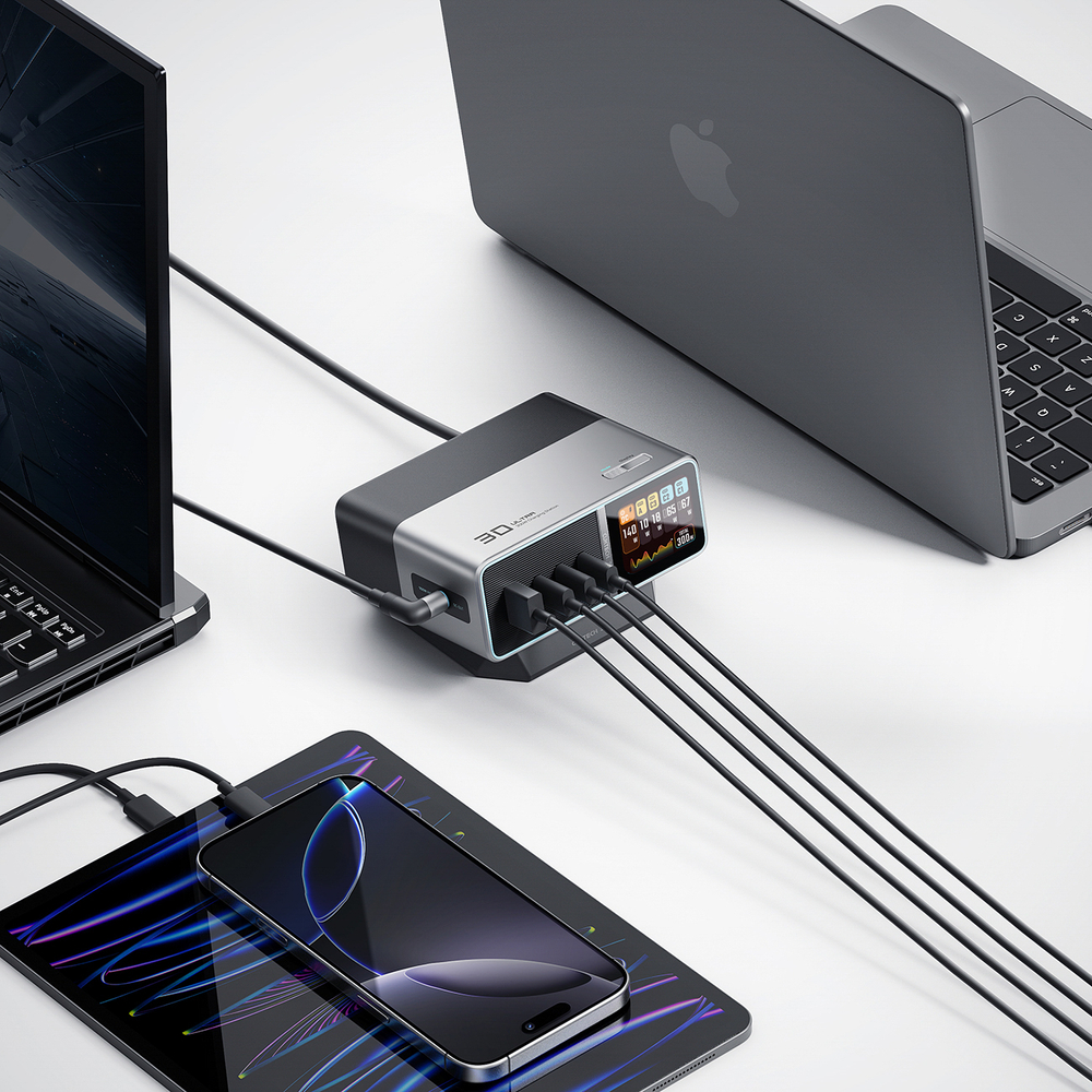 Cuktech TA3005U 300W GaN 5 az 1-ben tölőállomás Digitális Kijelzővel - Ezüst-8