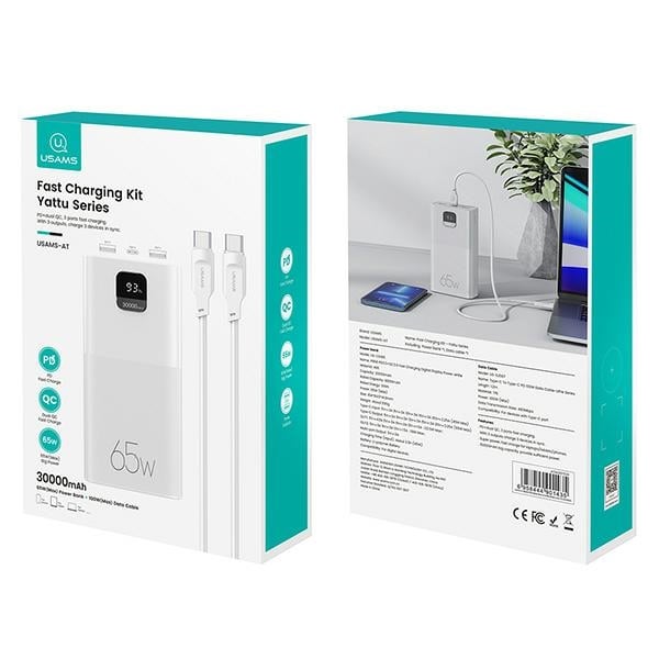 USAMS Powerbank PB68 30000mAh 65WQC3.0+PD Gyors Töltés + USB-C/USB-C kábel 100W fehér-6
