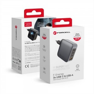 FORCELL F-ENERGY GaN VT-46 utazó töltő 3 x USB-C + USB A PD QC4.0 5A 100W szürke