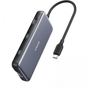 USB-C Hub Anker 555, 2 x USB-A 3.2 - 2 x USB-C - 1 x HDMI - 1 x RJ45 - 1 x SD - 1 x microSD, Szürke
