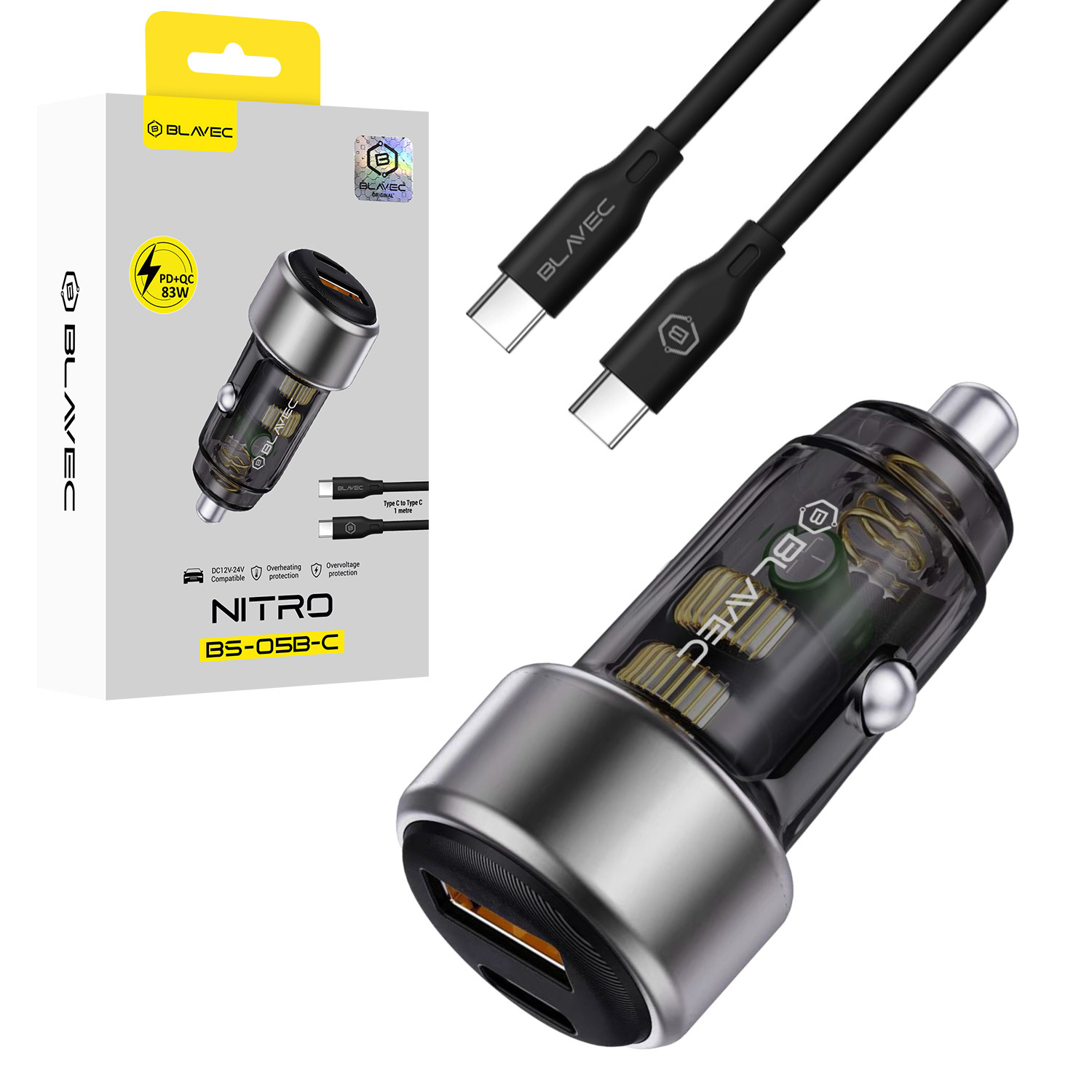 Blavec Autós töltő BS-05B-C Nitro - USB + Type C - QC 3.0 18W PD 65W Type C to Type C kábellel (CCBS05BCN-UCB) fekete-0