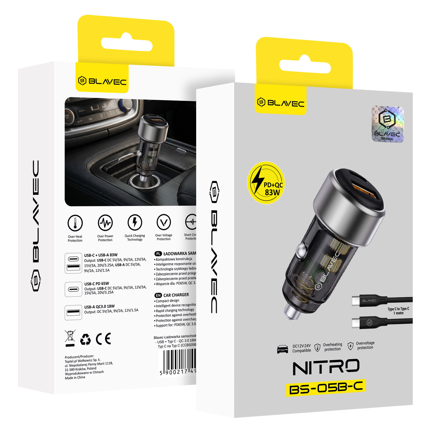 Blavec Autós töltő BS-05B-C Nitro - USB + Type C - QC 3.0 18W PD 65W Type C to Type C kábellel (CCBS05BCN-UCB) fekete-5