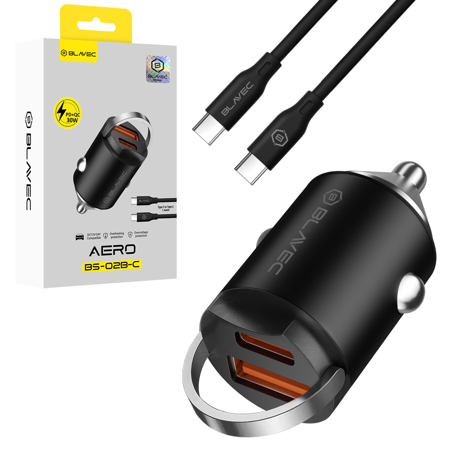 Blavec Autós töltő BS-02B-C Aero - USB + Type C - QC 3.0 18W PD 30W Type C - Type C kábellel (CCBS02BCA-UCB) fekete-0