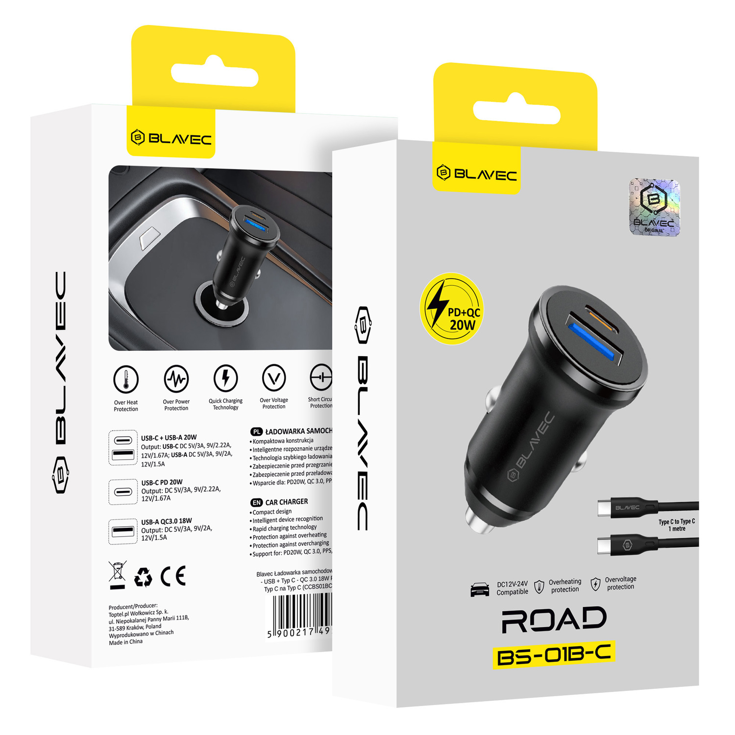 Blavec autós töltő BS-01B-C Road - USB + C típus - QC 3.0 18 W PD 20 W C típus - C típus kábellel (CCBS01BCR-UCB) fekete-2