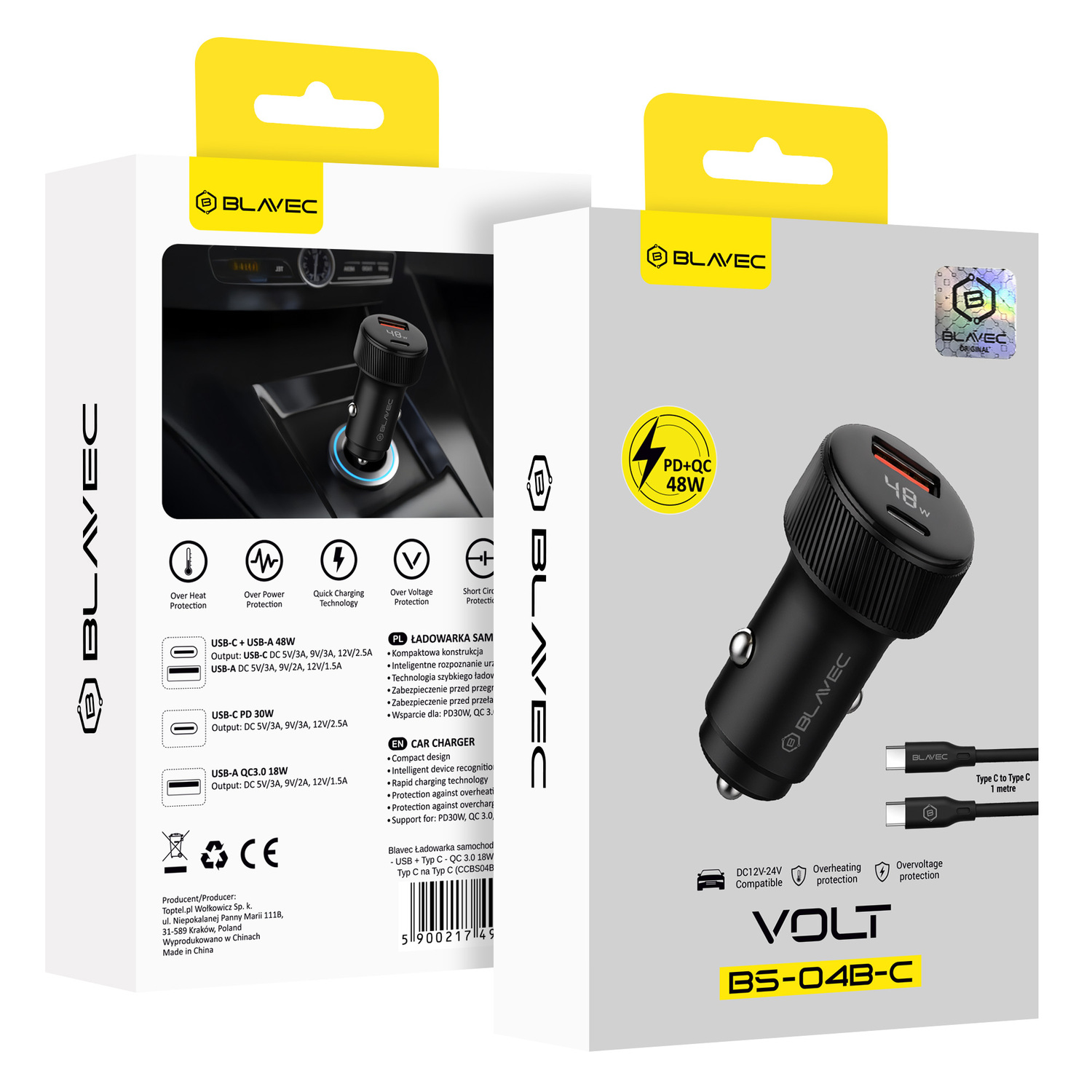 Blavec Autós töltő BS-04B-C Volt - USB + Type C - QC 3.0 18W PD 30W Type C to Type C kábellel (CCBS04BCV-UCB) fekete-5