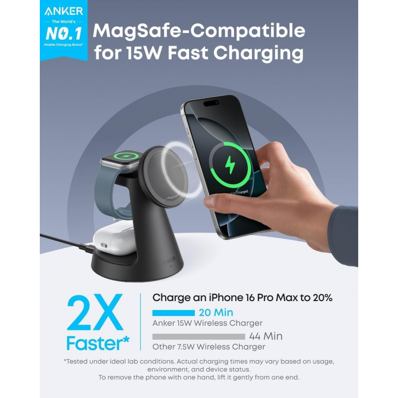 Anker MagGo 3in1 vezeték nélküli töltőállomás, 15W, 1.67A, fekete B25M4G11-4