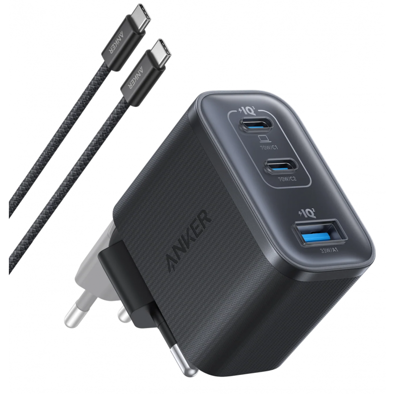 Fali töltő Anker Nano, 70W, 3.5A, 1 x USB-A - 2 x USB-C, USB-C kábellel, Szürke B121A311-0