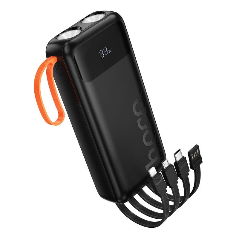Hoco J151A 20000 mAh 2A powerbank beépített USB-A + USB-C + Lightning + Micro USB kábelekkel és dupla lámpával, fekete-0