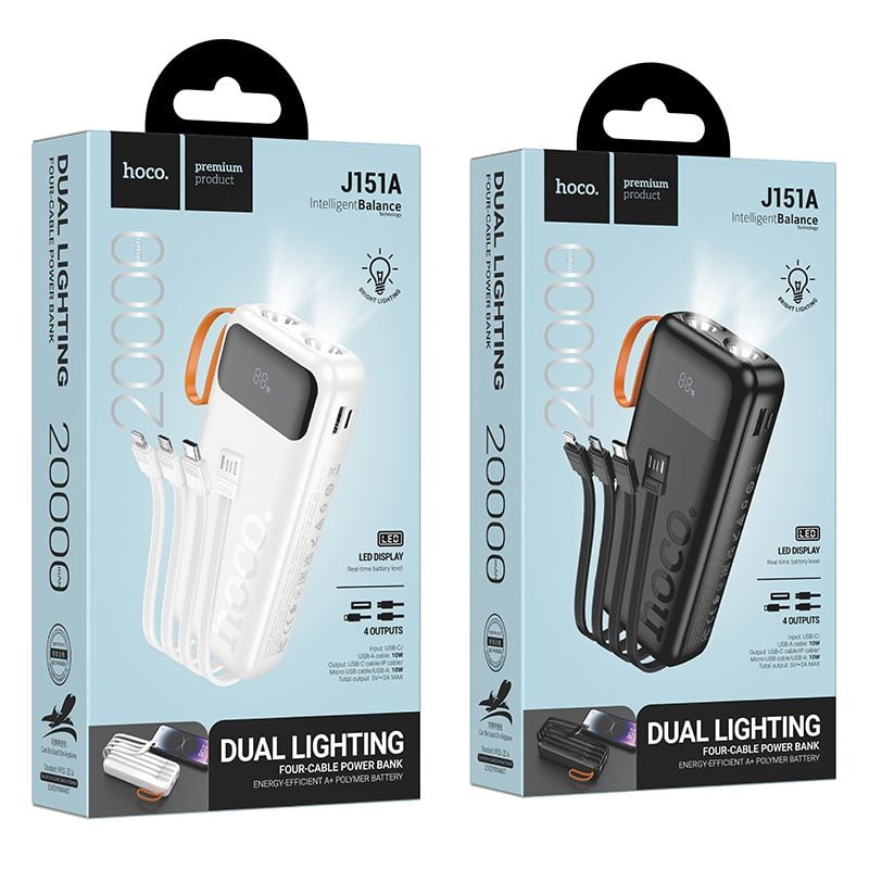Hoco J151A 20000 mAh 2A powerbank beépített USB-A + USB-C + Lightning + Micro USB kábelekkel és dupla lámpával, fekete-7