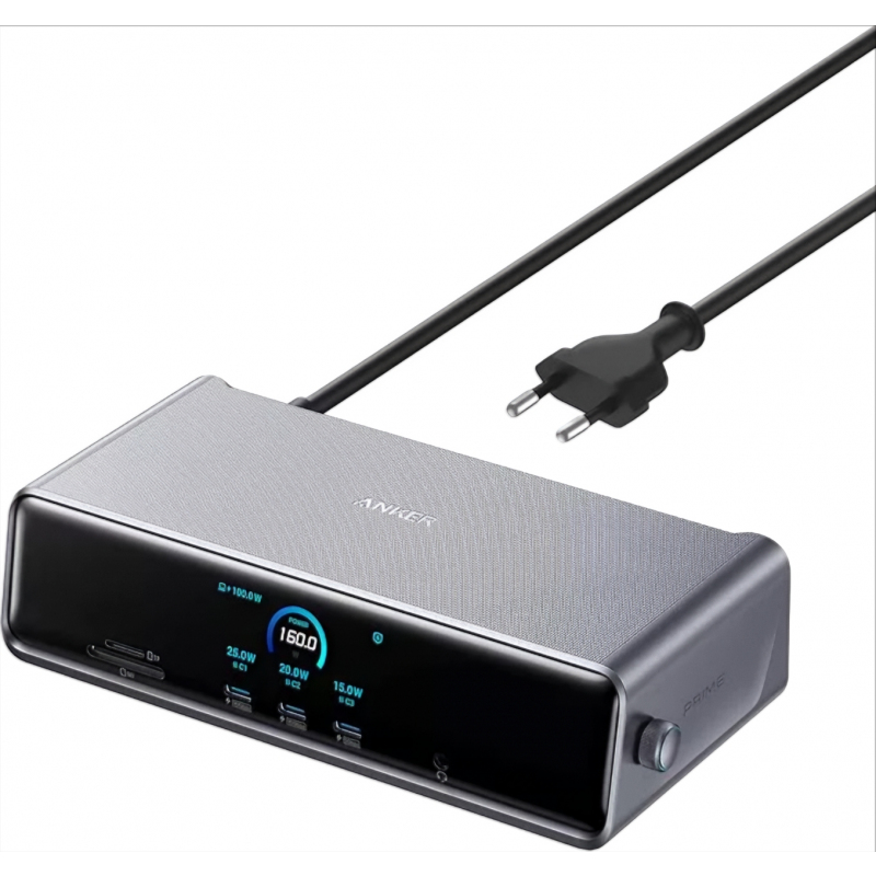 Anker Prime Hub, 3 x USB-A - 4 x USB-C - 1 x DisplayPort - 2 x HDMI - 1 x Jack 3.5mm - 1 x RJ45 - 1 x SD - 1 x microSD, Szürke A83B33A1-0