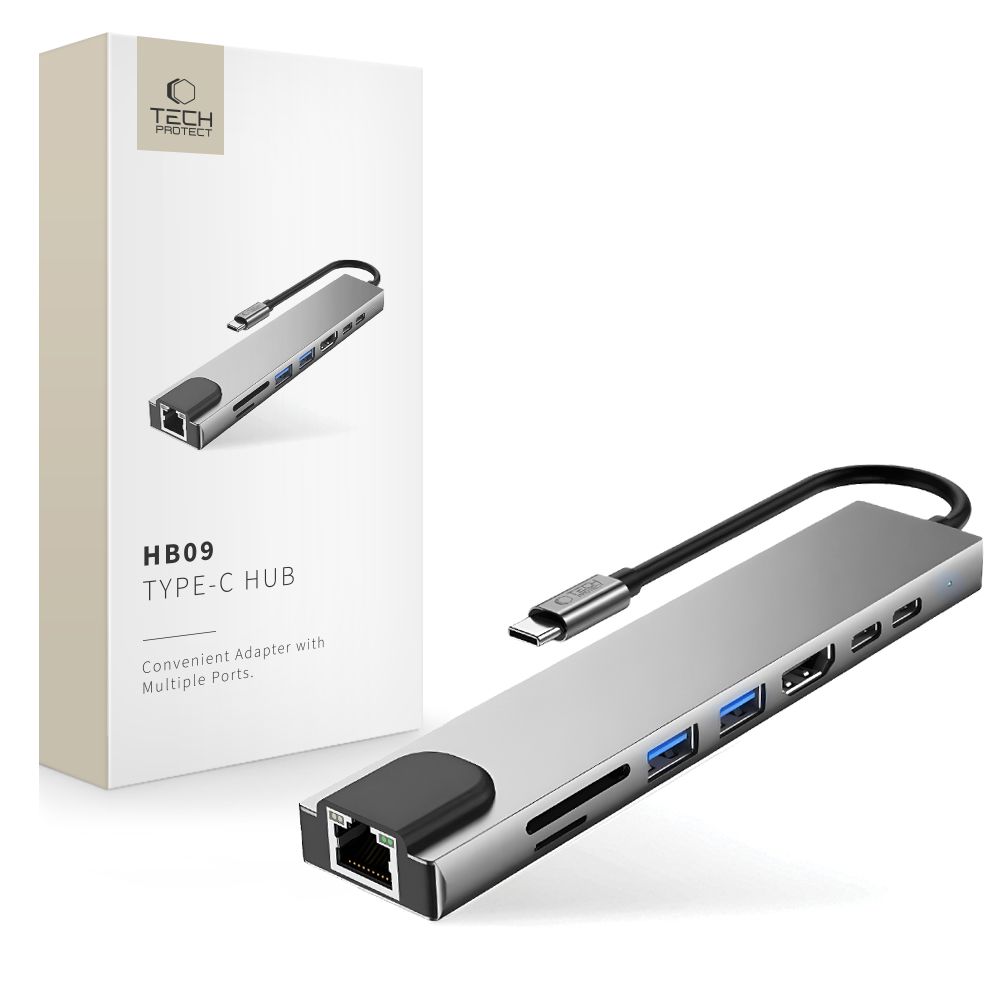 Tech-Protect HB09 8 az 1-ben Type-C / USB-C hub adapter Type-C + USB-A 3.0 + USB-C 3.0 + HDMI 4K 60Hz + SD/TF + PD 100W + RJ45 1000 Mb/s asztroszürke-0