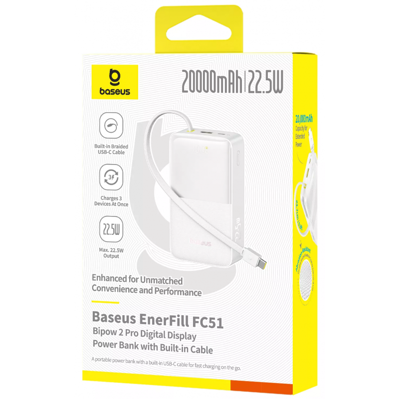 Powerbank Baseus EnerFill Bipow2 Pro, 20000mAh, 22.5W, QC + PD, Fehér E0027700-5